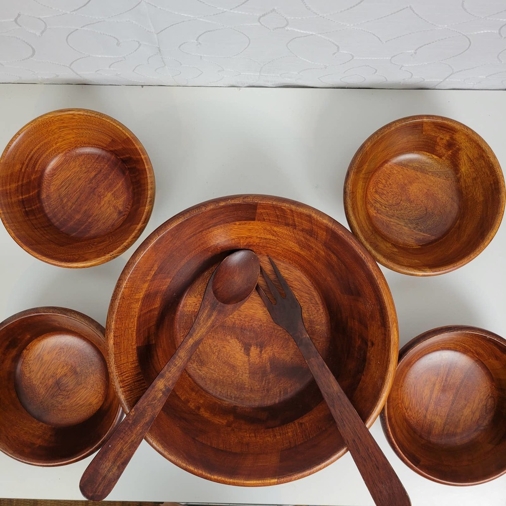 Wooden Salad Bowl Set with Tongs Vintage Kitchen Home Servings - Picture 5 of 7